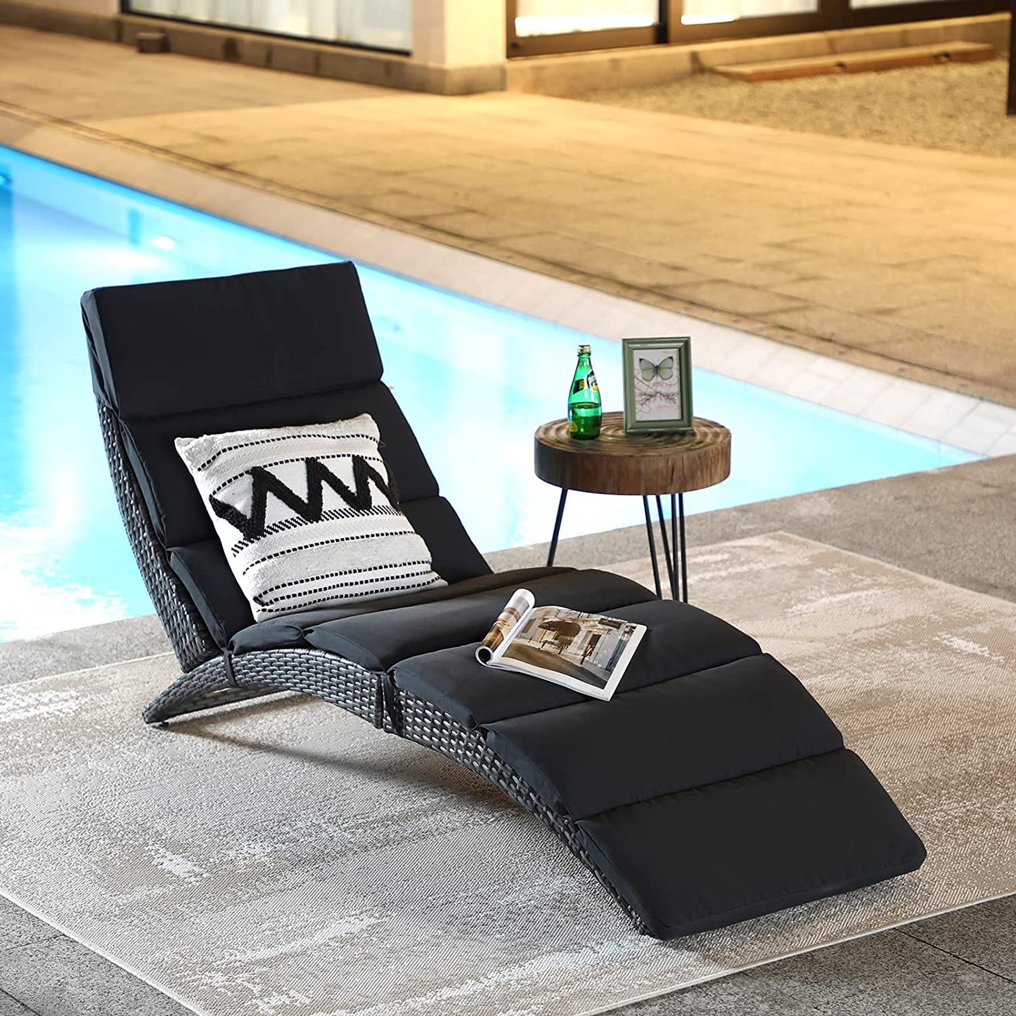 Patio Chaise Lounge, Outdoor Lounge Chair, PE Rattan Foldable Chaise Lounger