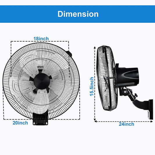 18 Inch Black Wall Mount Fan, 90 Degrees, 5 Speed Settings