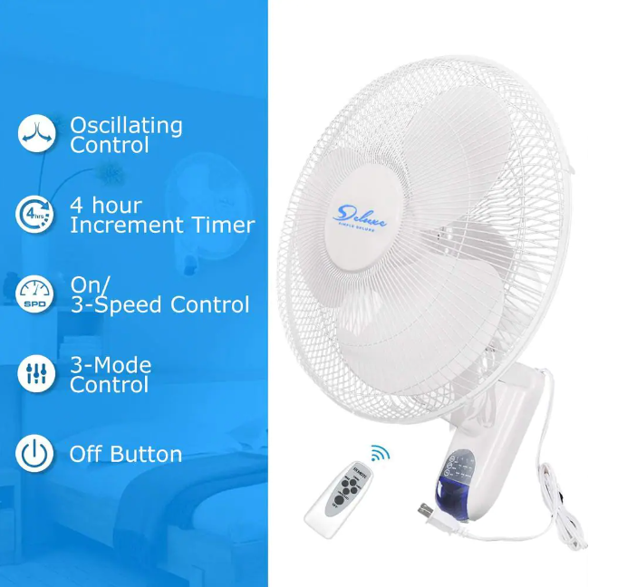 16 Inch White Digital Wall Mount Fan with Remote Control 3 Speed-3 Oscillating Modes