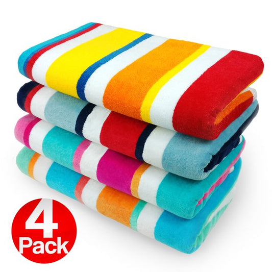 4 Pack 100% Cotton Multicolor Joey Cabana Stripe Beach Pool Towel 32" x 62"
