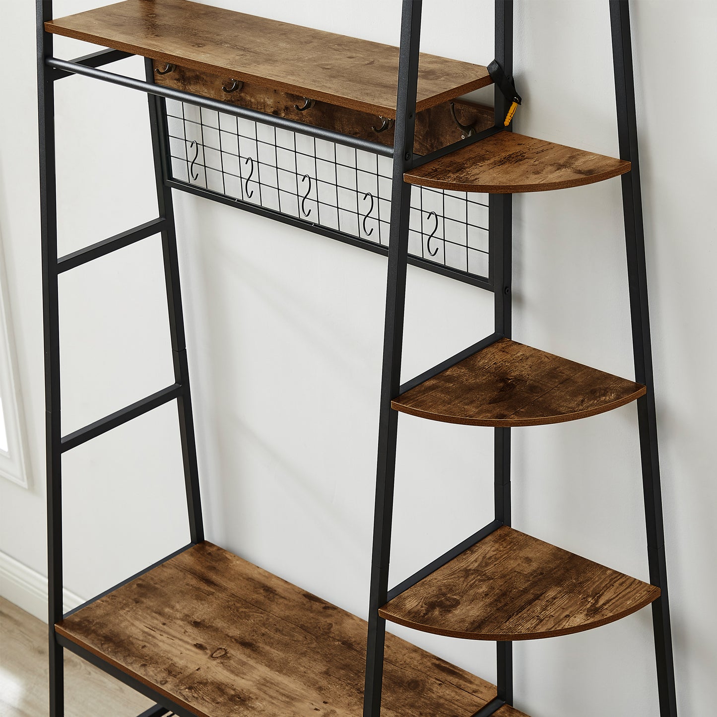 Entryway Coat Rack with Bookshelves, Multiple Hooks, and Bench Seat
