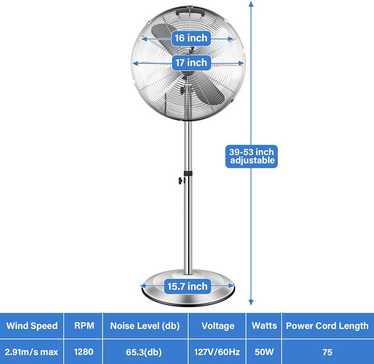 16 Inch Stand Fan, Adjustable Heights, 3 Settings Speeds