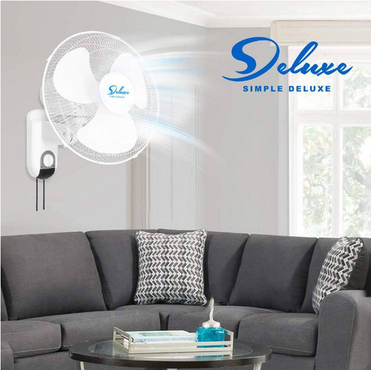White Wall Mounted Fan 16 Inch Adjustable Tilt, 90 Degrees, 3 Speed Settings