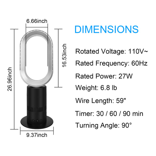 27 inch Bladeless Oscillating Tower Fan, Adjustable Speeds Settings, 90° Swivel, 30-90 min Timing Closure Low Noise-Black
