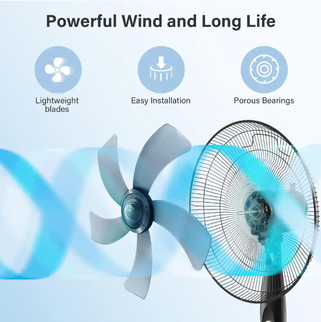 16 Inch Stand Fan, Adjustable Heights, Horizontal Ocillation 75°, 3 Settings Speeds