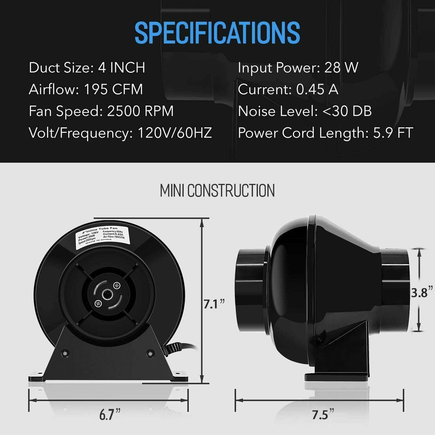 4 Inch Duct Inline Ventilation Fan Air Circulation Vent,Black