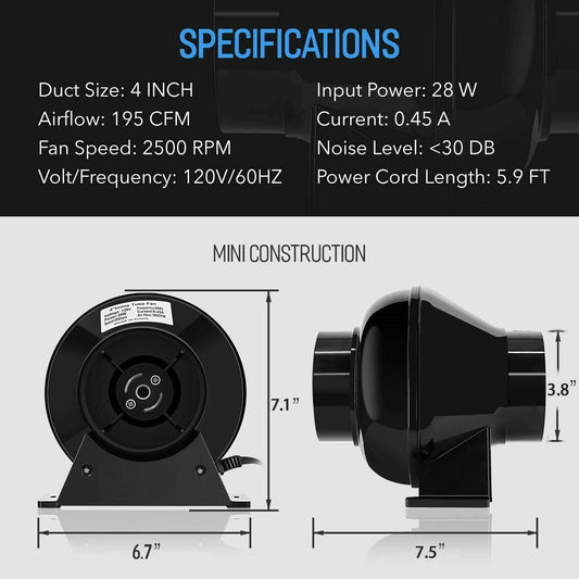 4 Inch Duct Inline Ventilation Fan Air Circulation Vent,Black