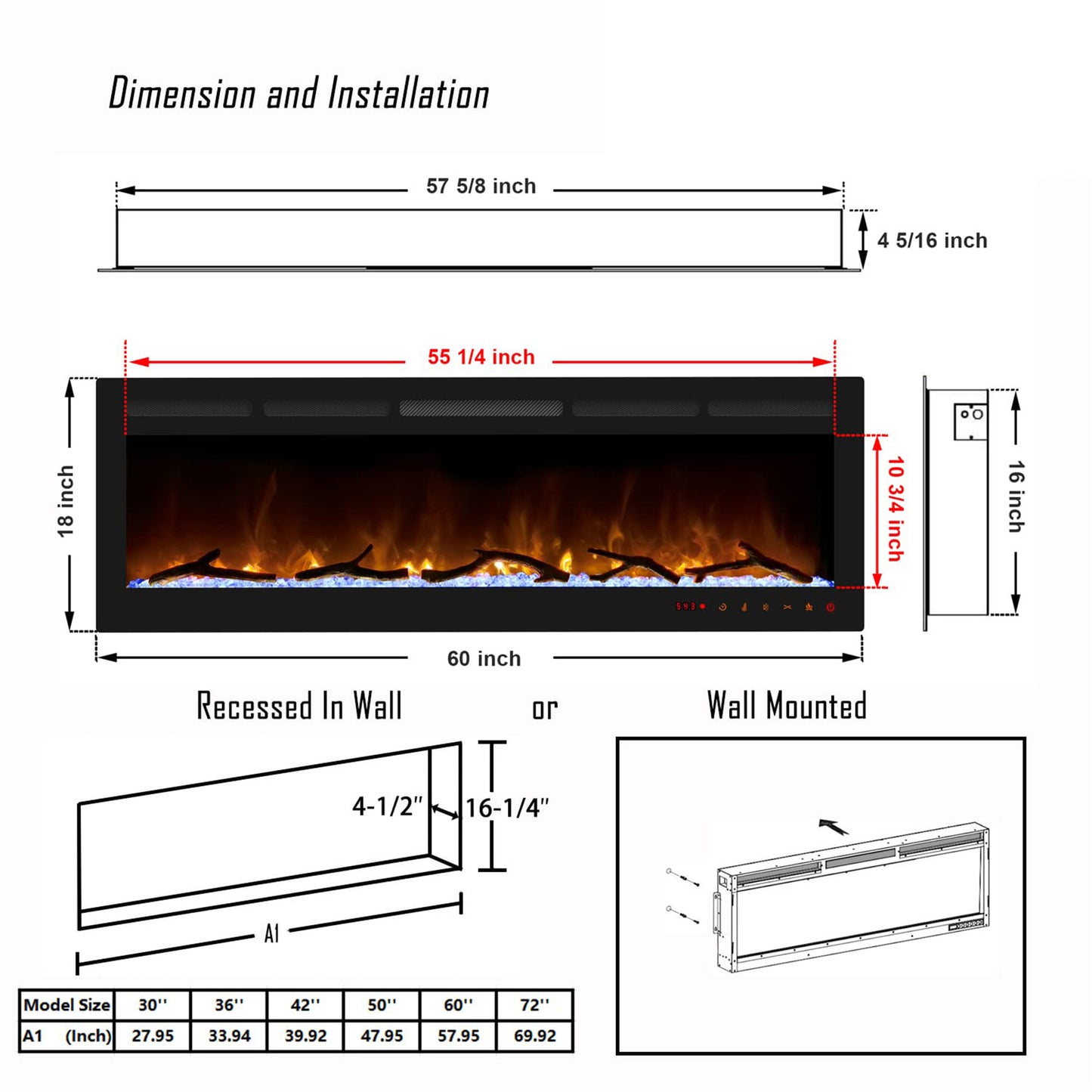 Wall Mounted Tempered Glass Electric Fireplace