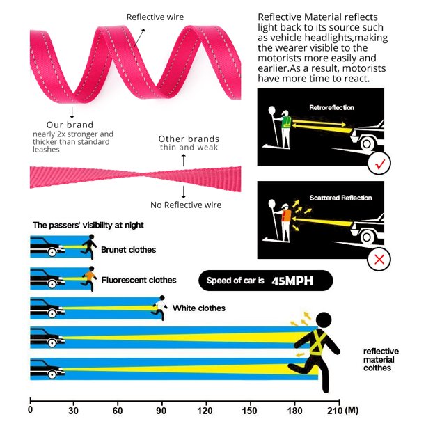 PET Double Handle Dog Leash 6ft Long, Padded Traffic Handle, Heavy Duty and Reflective, Training Leash for Medium Large Dogs, Pink