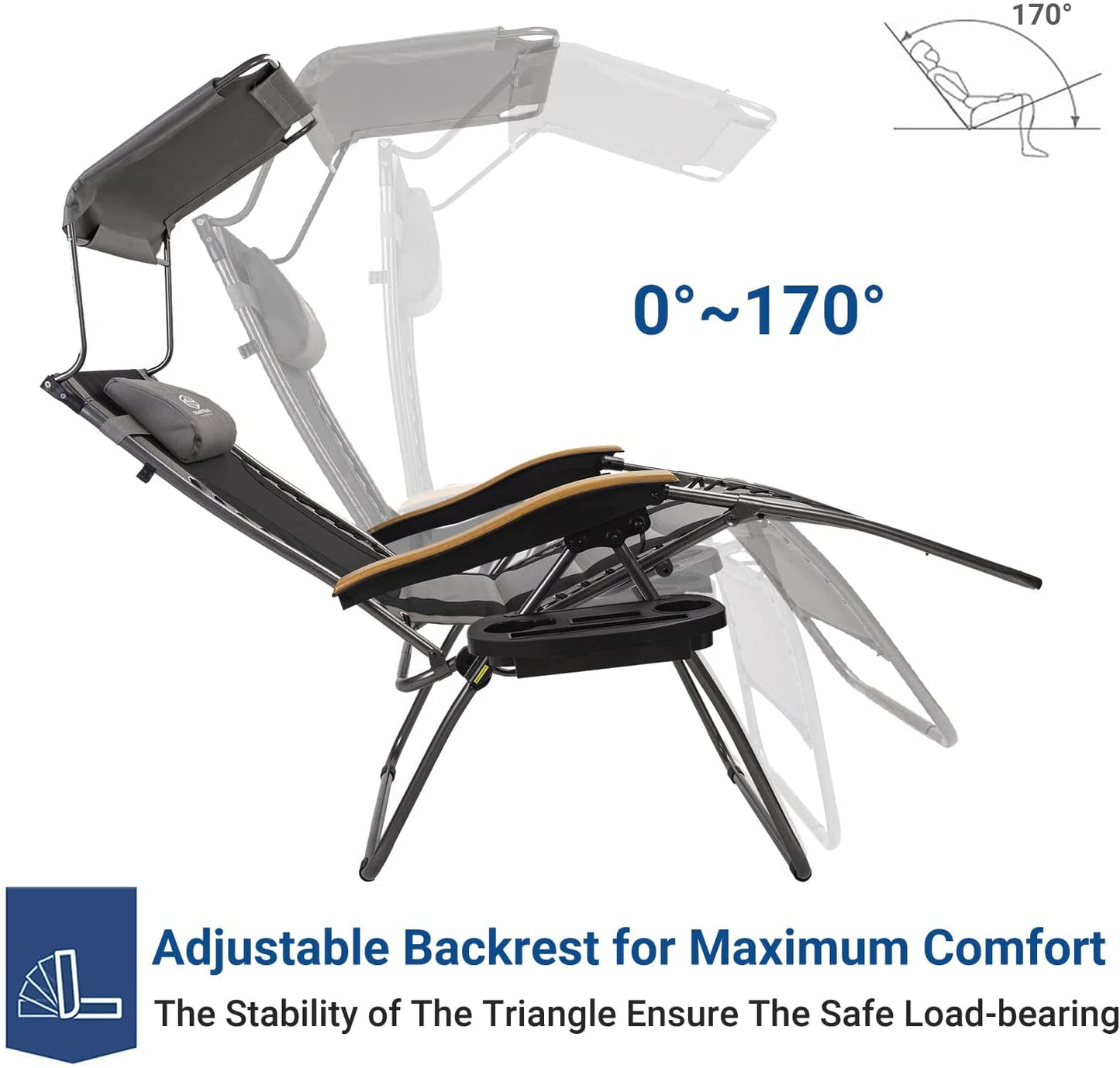 Outdoor Zero Gravity Reclining Lounge Chair With Sun Shade Black+Grey