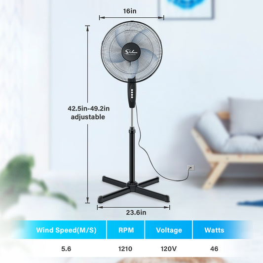 16 Inch Stand Fan, Adjustable Heights, Horizontal Ocillation 75°, 3 Settings Speeds