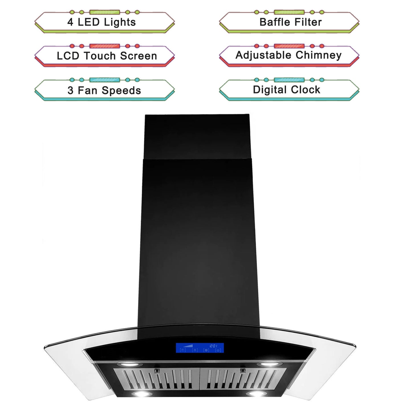 36 in. 700 CFM Ducted Stainless Steel Island Mount Range Hood Tempered Glass with LED Lights-Black