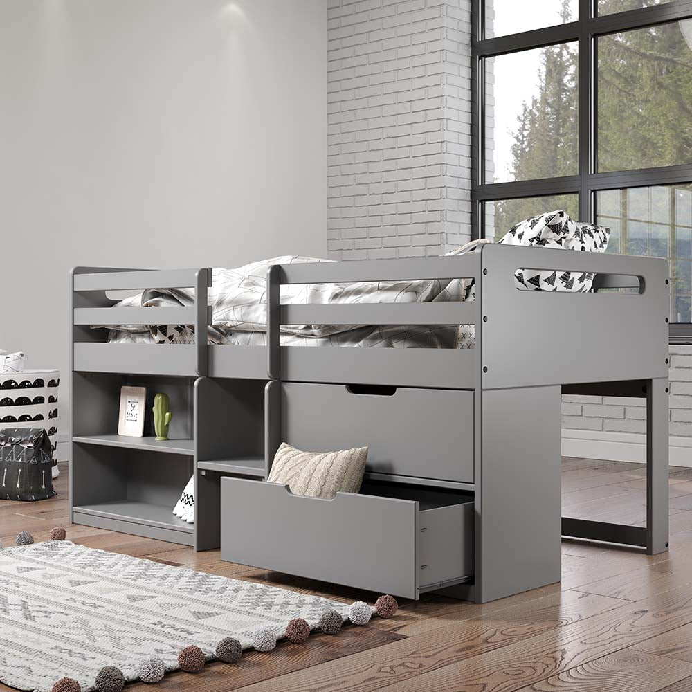 Twin Loft Bed w/Storage, Gray Finish