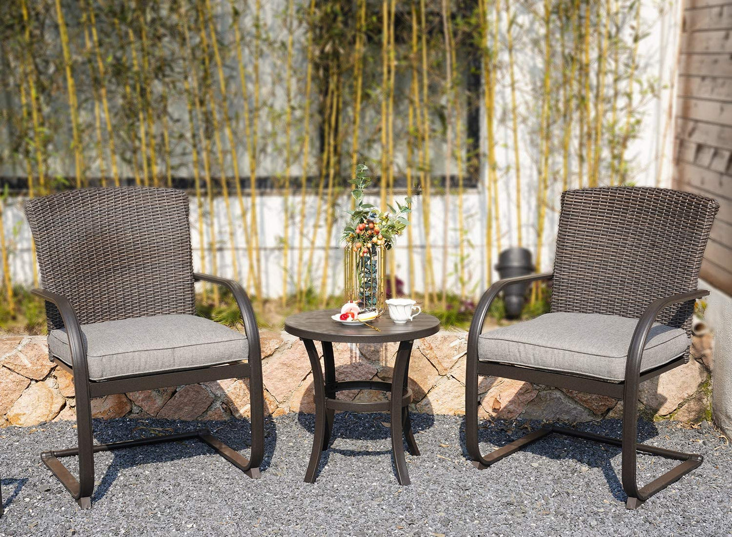 Mydepot SR 3 Piece Outdoor Patio Furniture Set Bistro Set 2 Wicker Chairs with Cushion and Coffee Table