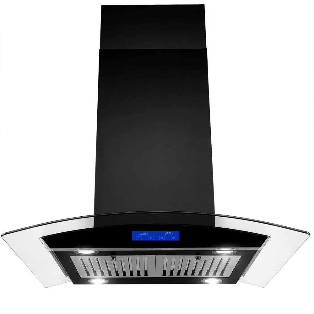 36 in. 700 CFM Ducted Stainless Steel Island Mount Range Hood Tempered Glass with LED Lights-Black