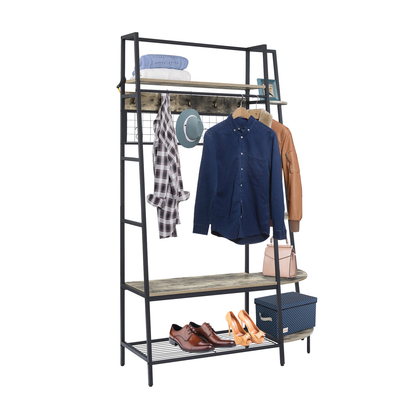 Entryway Coat Rack with Bookshelves, Multiple Hooks, and Bench Seat