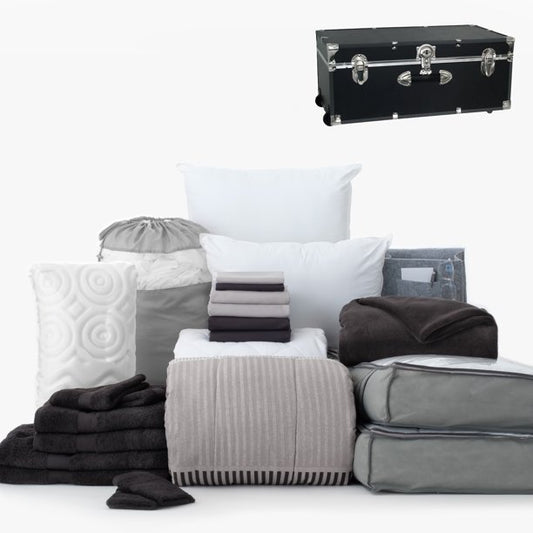 The Complete Campus Trunk Bundle in Preston Black and Gray, 25-Piece Twin XL Bedding Comforter Set, With Bonus Strorage Trunk, Topper, Pillows & 100% Cotton Towels by OCM