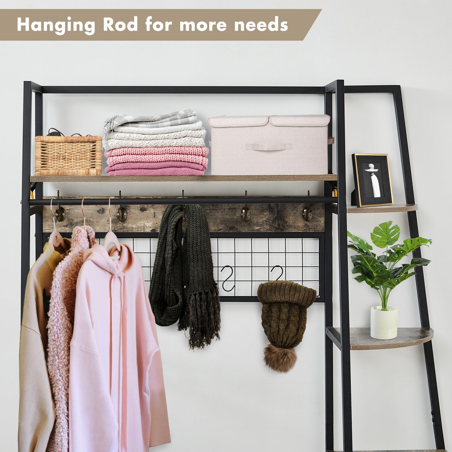 Entryway Coat Rack with Bookshelves, Multiple Hooks, and Bench Seat