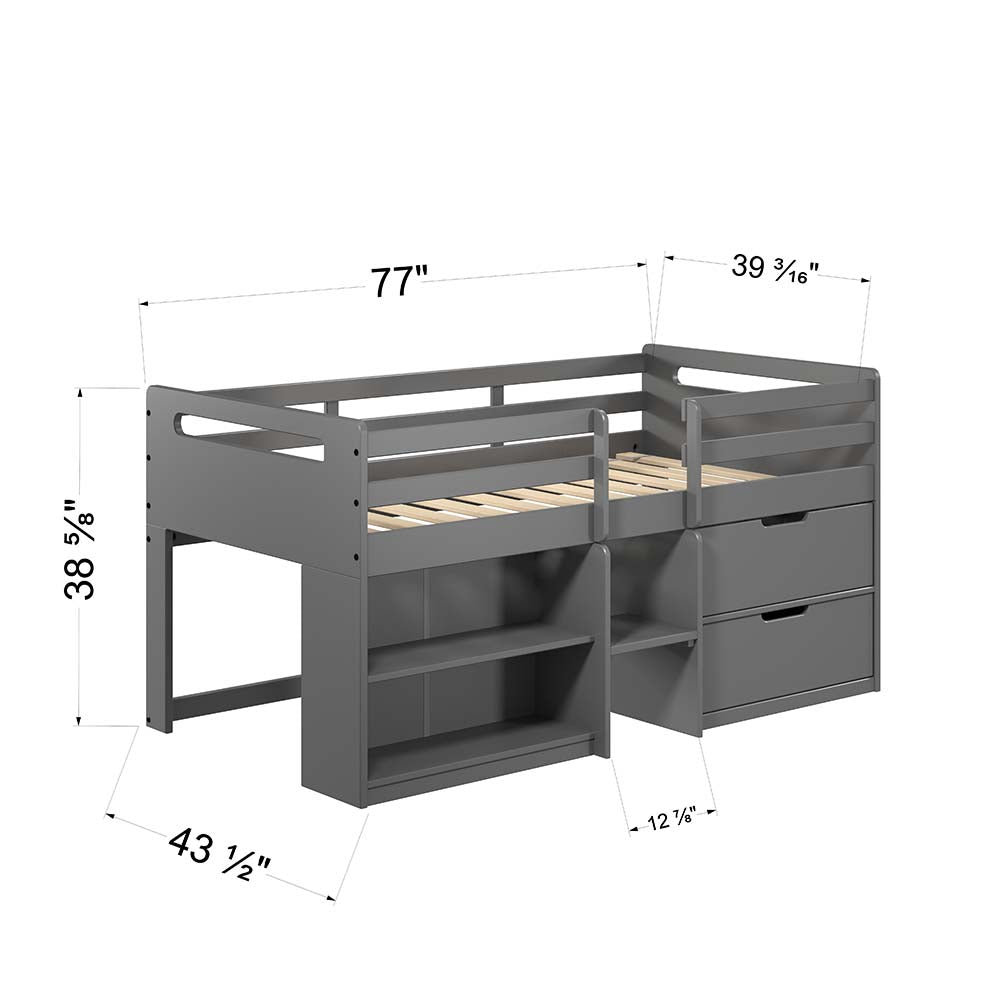 Twin Loft Bed w/Storage, Gray Finish