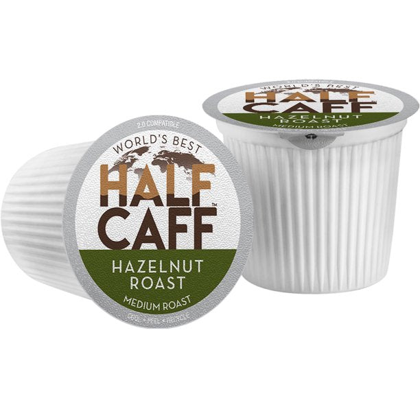 World's Best Half Caff Hazelnut Coffee 24ct. Solar Energy Produced Recyclable Single Serve Half Caff Hazelnut Coffee Pods - 100% Arabica Coffee California Roasted, KCup Compatible