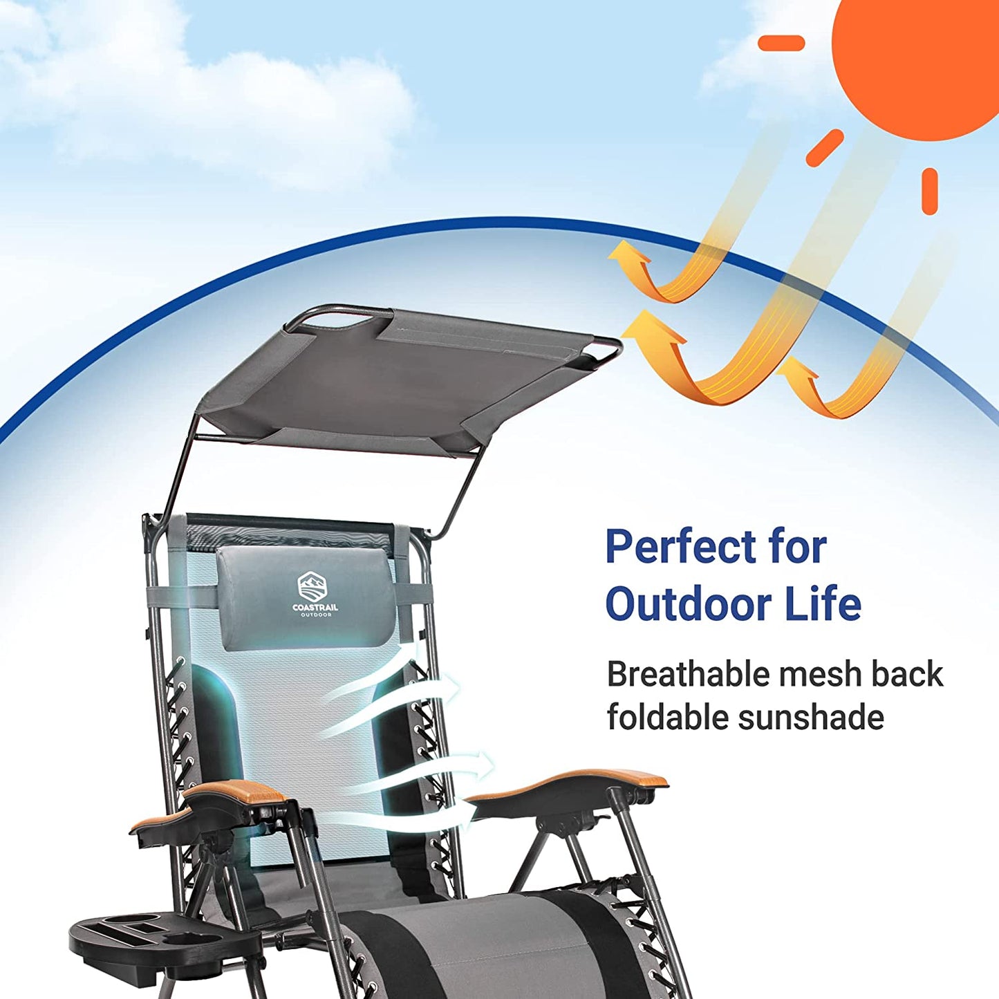 Outdoor Zero Gravity Reclining Lounge Chair With Sun Shade Black+Grey