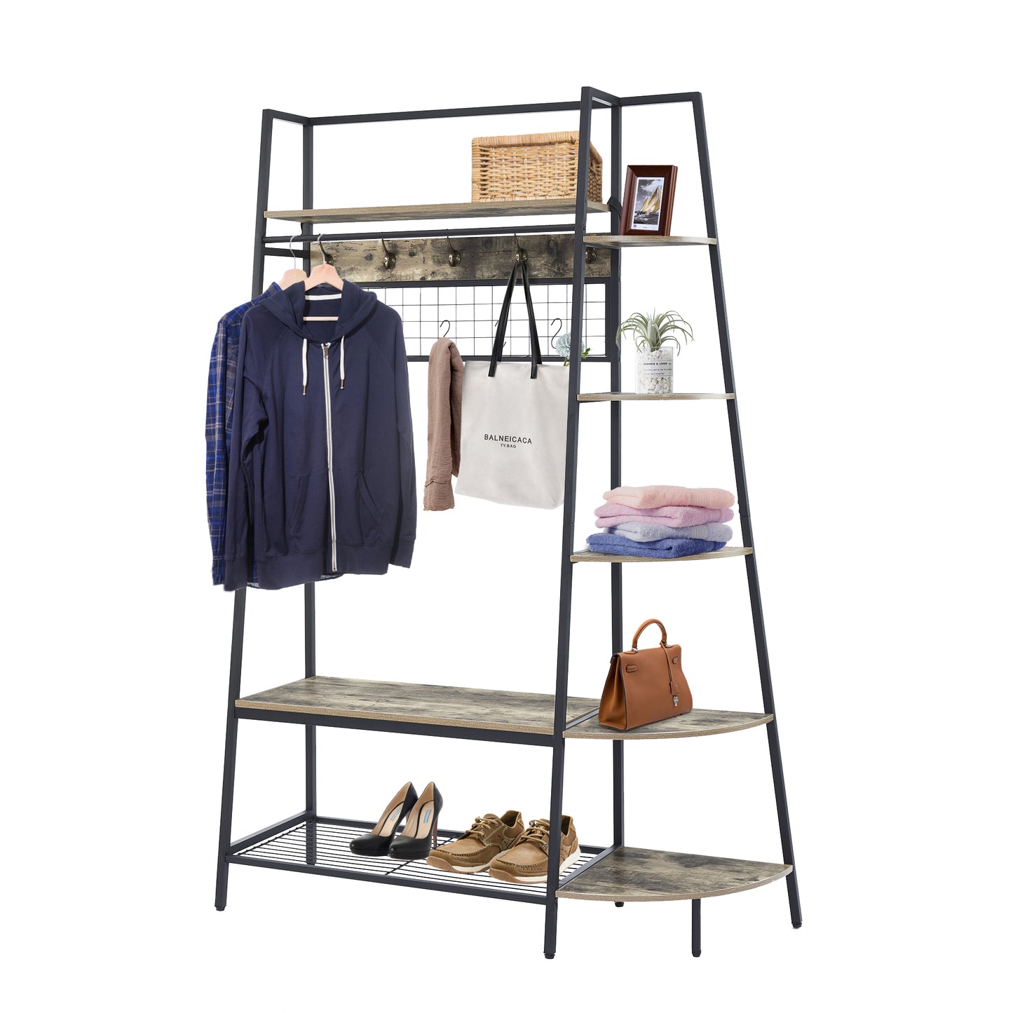 Entryway Coat Rack with Bookshelves, Multiple Hooks, and Bench Seat