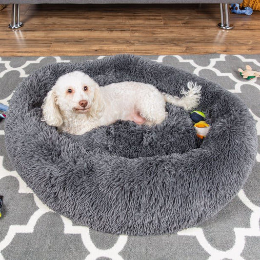 Best Choice Products Self-Warming Plush Shag Fur Donut Calming Dog Bed Cuddler w/ Water-Resistant Lining - Gray