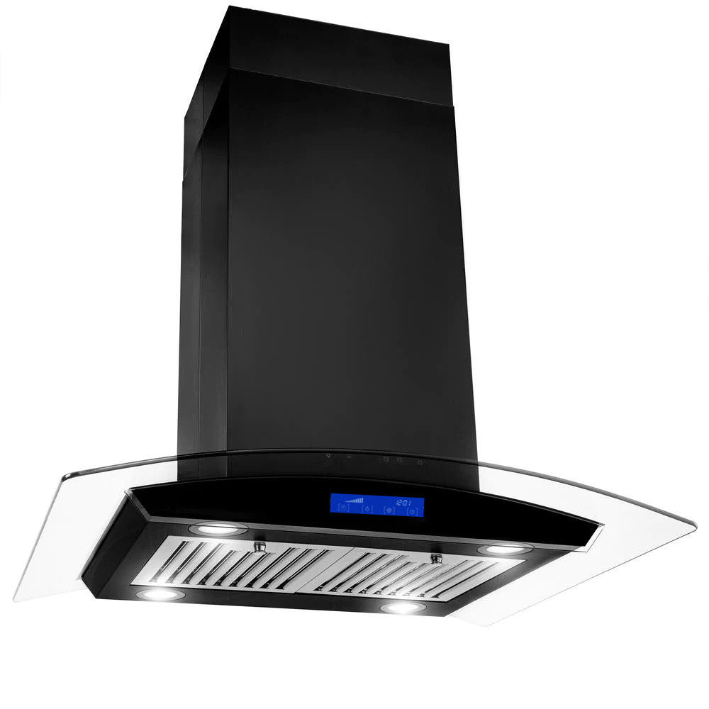 36 in. 700 CFM Ducted Stainless Steel Island Mount Range Hood Tempered Glass with LED Lights-Black