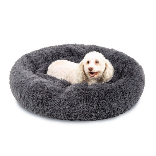 Best Choice Products Self-Warming Plush Shag Fur Donut Calming Dog Bed Cuddler w/ Water-Resistant Lining - Gray