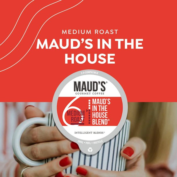 Maud's Medium Dark Roast Coffee (In The House Blend), 100ct. Solar Energy Produced Recyclable Single Serve Medium Dark Roast Coffee Pods – 100% Arabica Coffee California Roasted, KCup Compatible