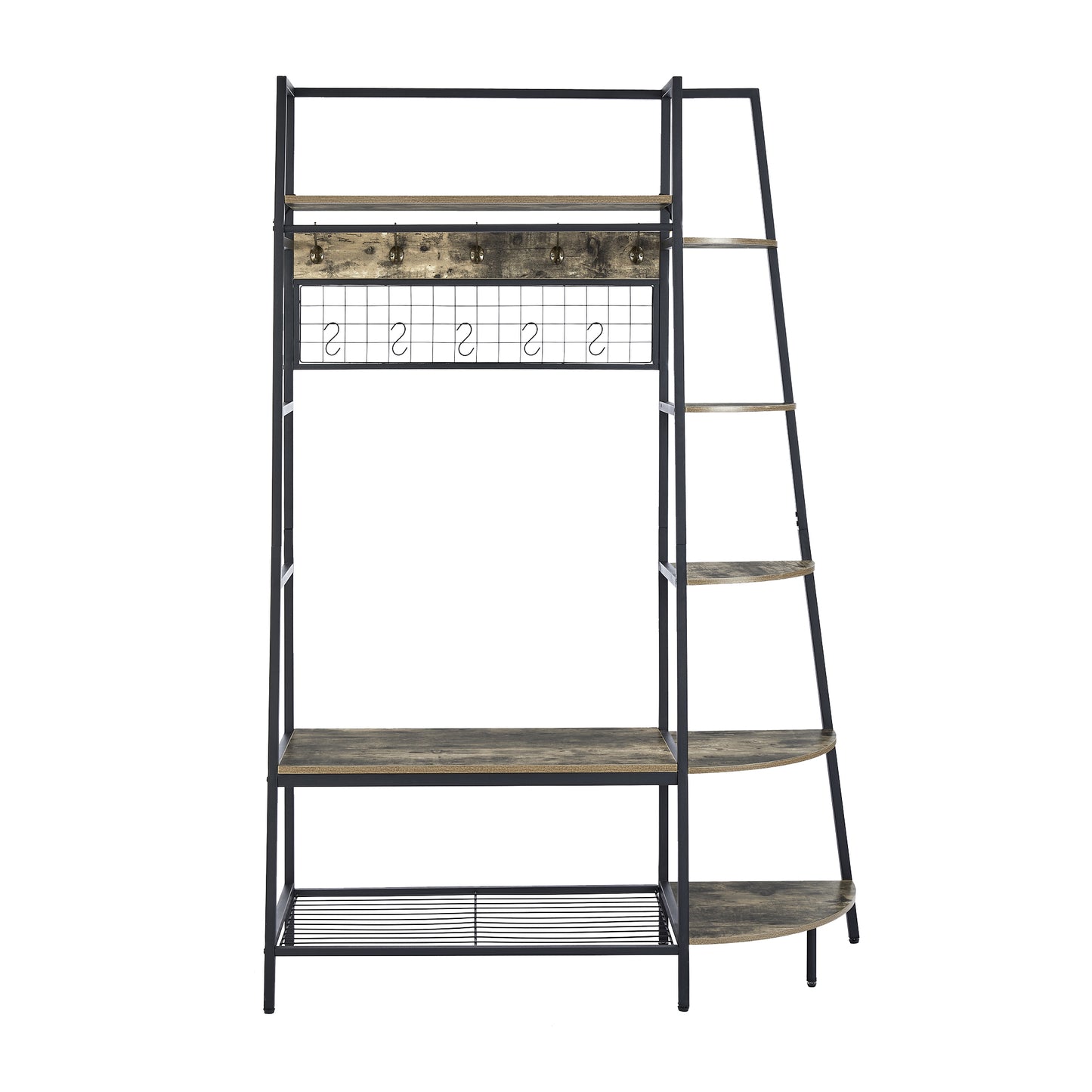 Entryway Coat Rack with Bookshelves, Multiple Hooks, and Bench Seat