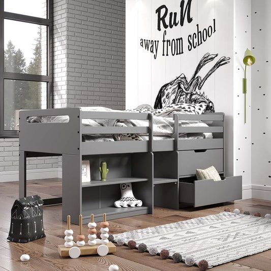 Twin Loft Bed w/Storage, Gray Finish