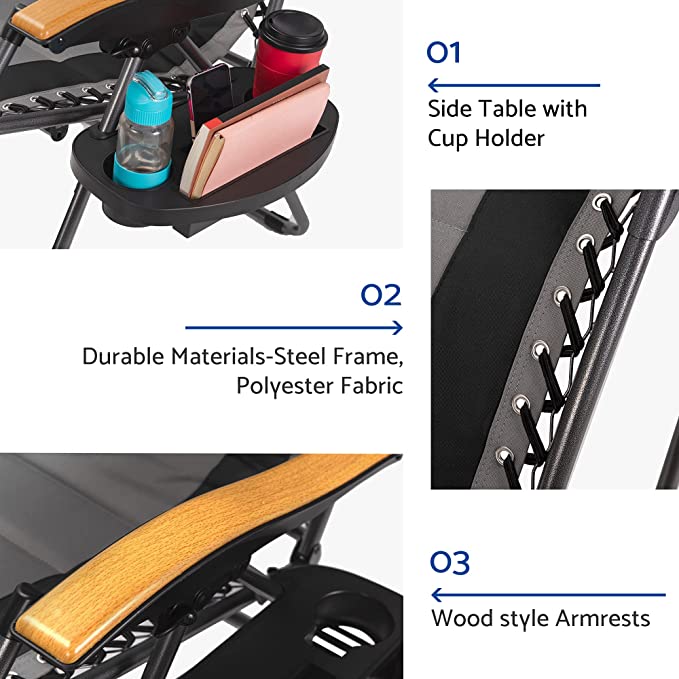 Outdoor Zero Gravity Reclining Lounge Chair With Sun Shade Black+Grey