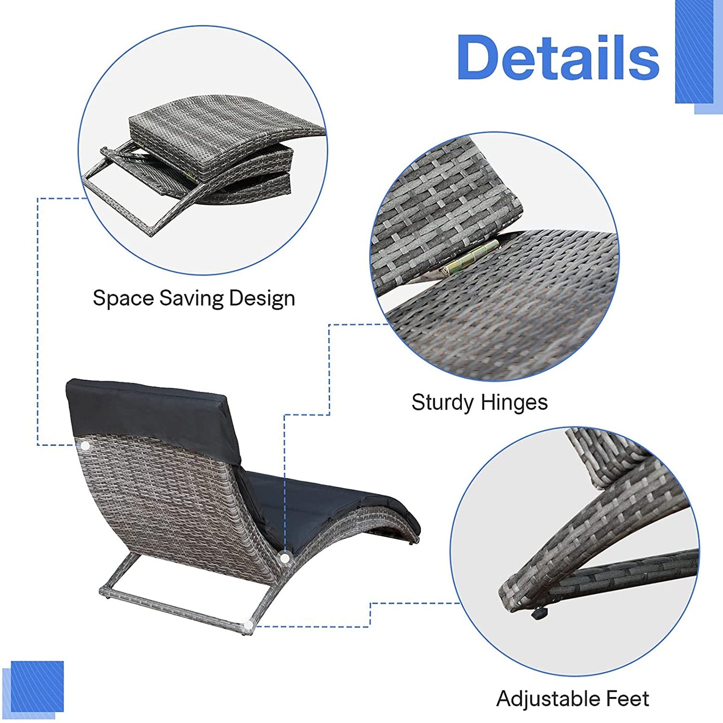 Patio Chaise Lounge, Outdoor Lounge Chair, PE Rattan Foldable Chaise Lounger