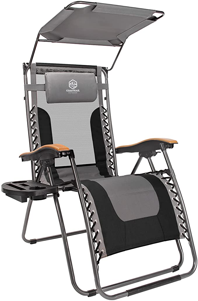 Outdoor Zero Gravity Reclining Lounge Chair With Sun Shade Black+Grey
