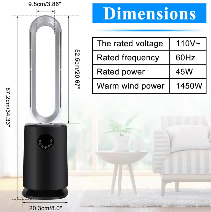 35 inch Space Heater Bladeless Tower Fan, Heater & Cooling Air Purifier, with Remote Control, Air Circulator Fan-Black