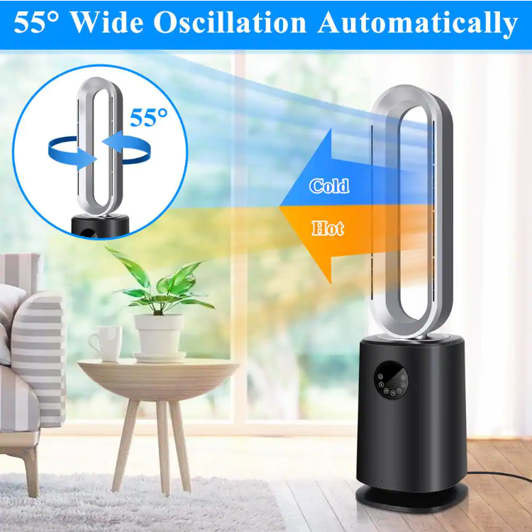35 inch Space Heater Bladeless Tower Fan, Heater & Cooling Air Purifier, with Remote Control, Air Circulator Fan-Black