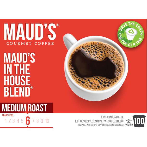 Maud's Medium Dark Roast Coffee (In The House Blend), 100ct. Solar Energy Produced Recyclable Single Serve Medium Dark Roast Coffee Pods – 100% Arabica Coffee California Roasted, KCup Compatible