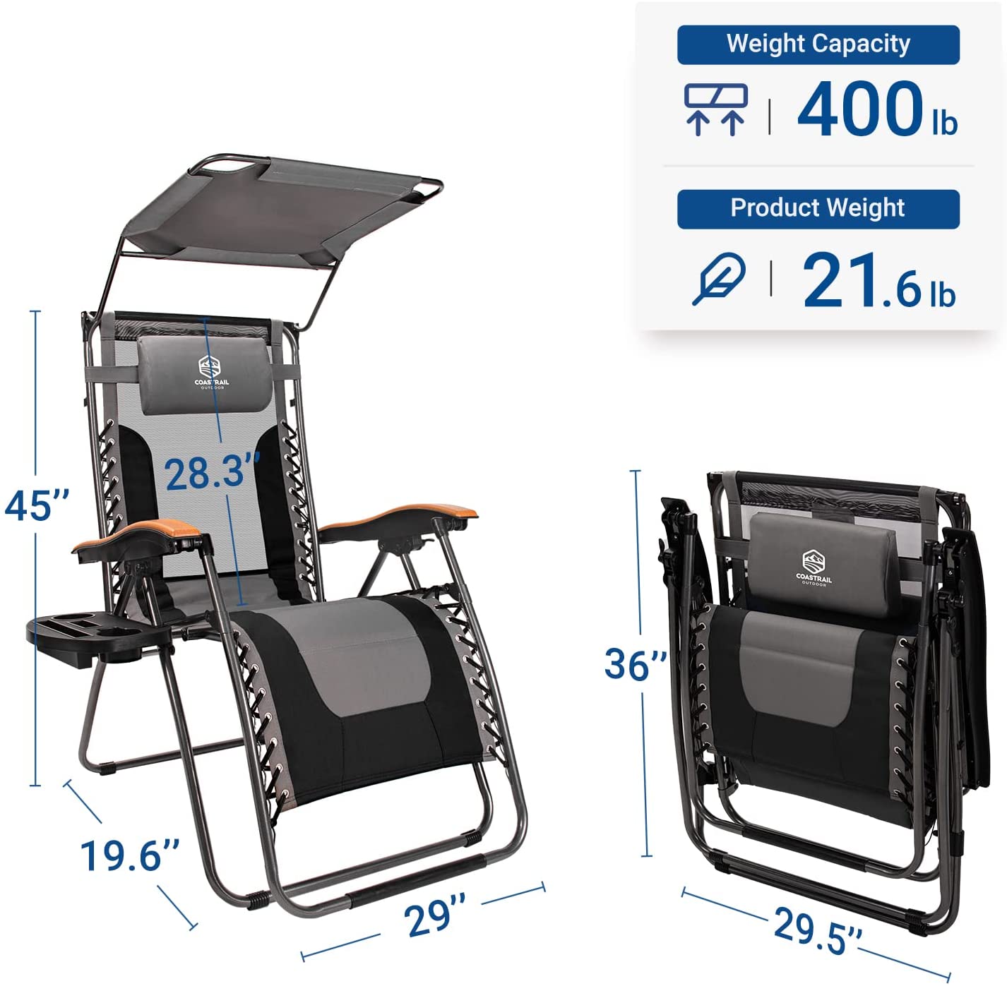 Outdoor Zero Gravity Reclining Lounge Chair With Sun Shade Black+Grey