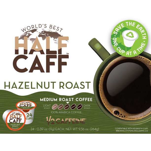 World's Best Half Caff Hazelnut Coffee 24ct. Solar Energy Produced Recyclable Single Serve Half Caff Hazelnut Coffee Pods - 100% Arabica Coffee California Roasted, KCup Compatible