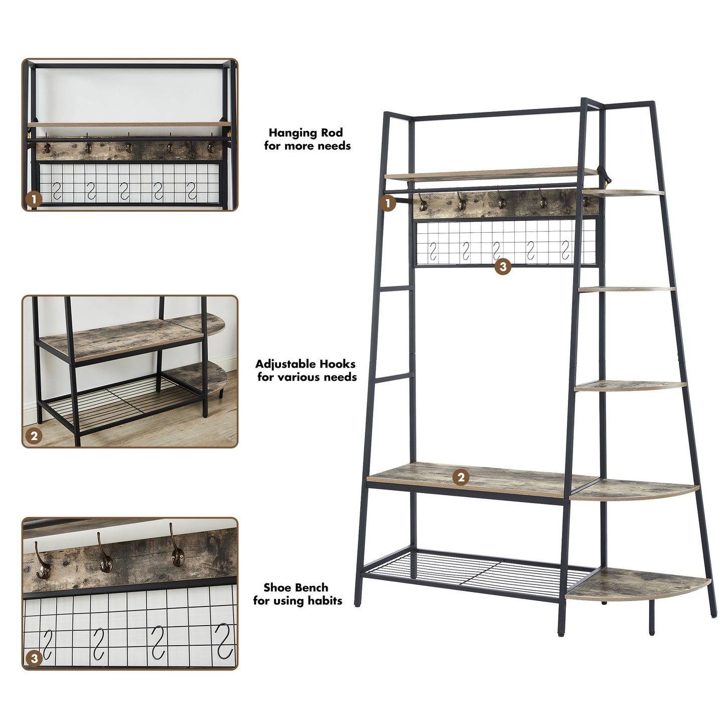 Entryway Coat Rack with Bookshelves, Multiple Hooks, and Bench Seat