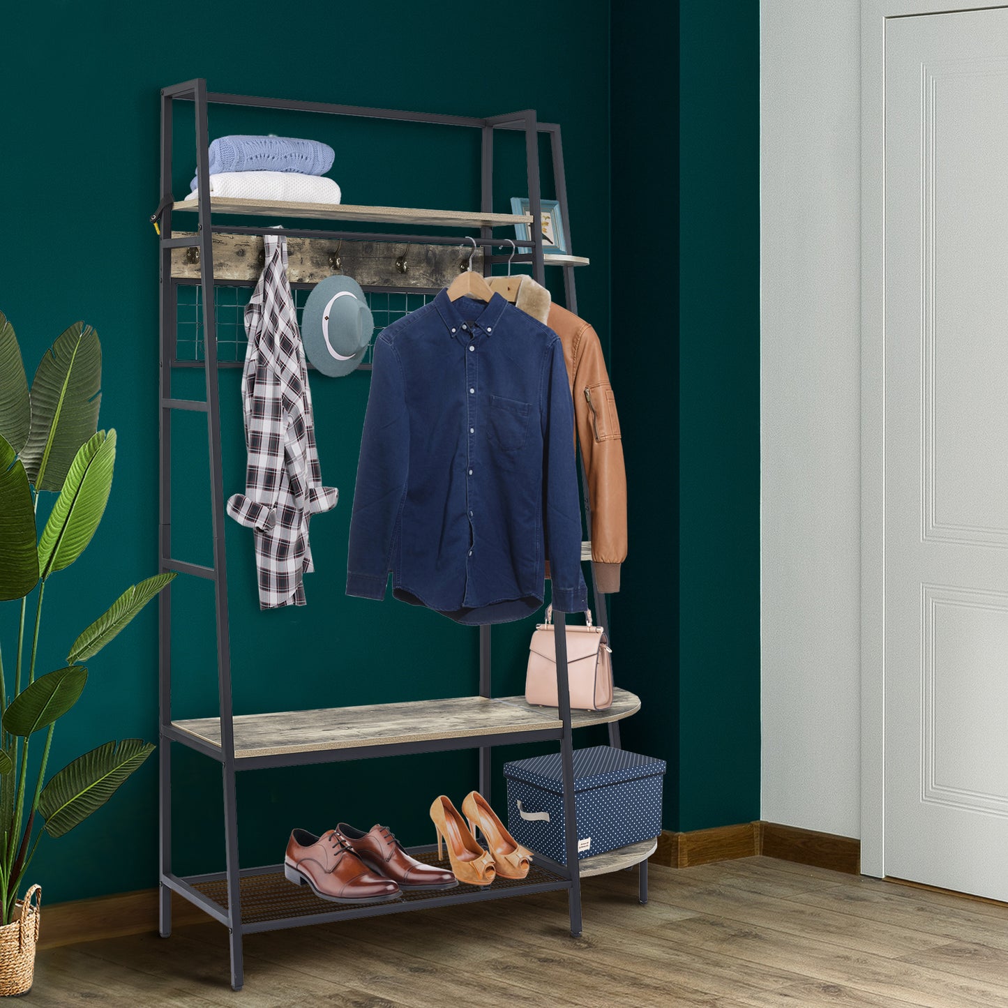 Entryway Coat Rack with Bookshelves, Multiple Hooks, and Bench Seat