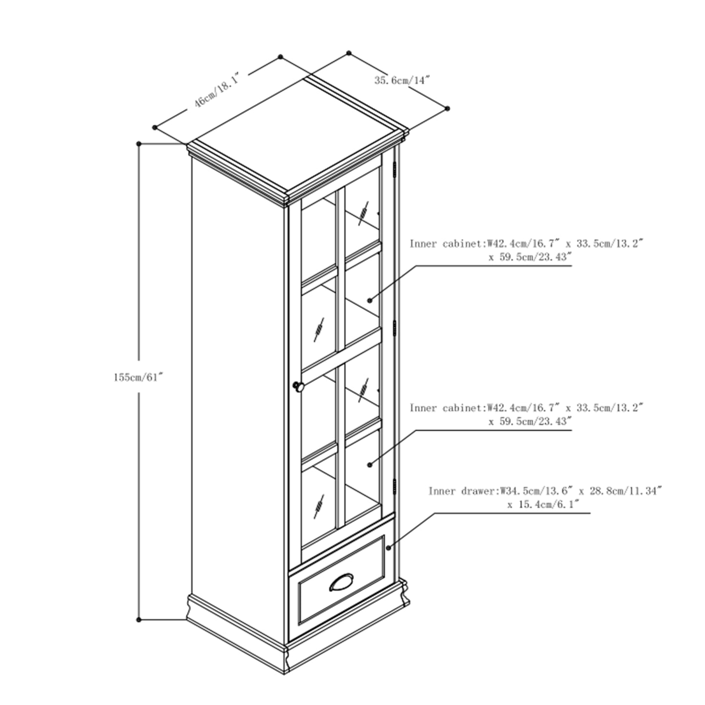 4-Tier Storage Cabinet with Tempered Glass Door,  Adjustable Shelves and Storage Drawer