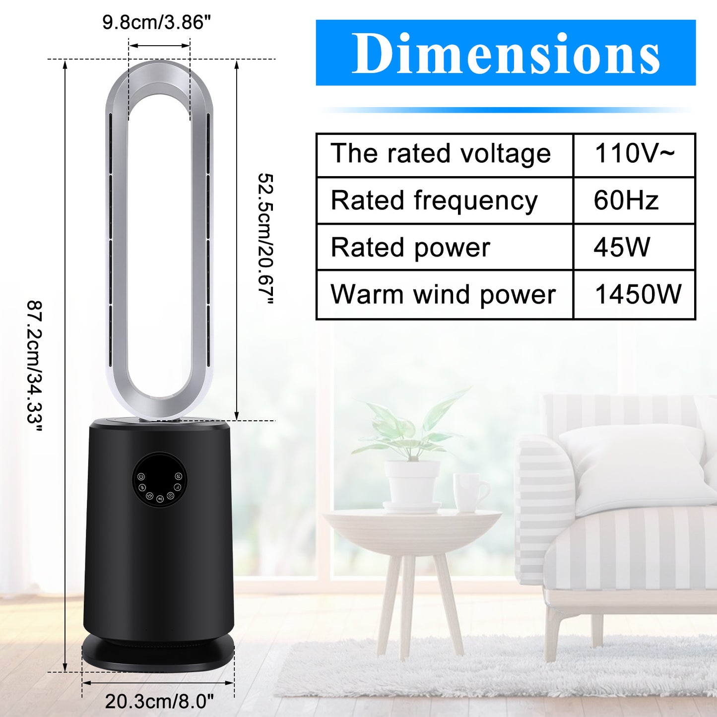 35 inch Space Heater Bladeless Tower Fan, Heater & Cooling Air Purifier, with Remote Control, Air Circulator Fan-Black